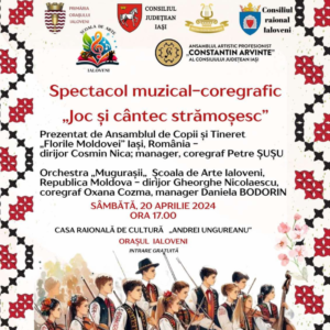 Spectacolul muzical-coregrafic „Joc și cântec strămoșesc” va avea loc sâmbătă, 20 aprilie, ora 17:00, în incinta Casei de cultură „Andrei Ungureanu”
